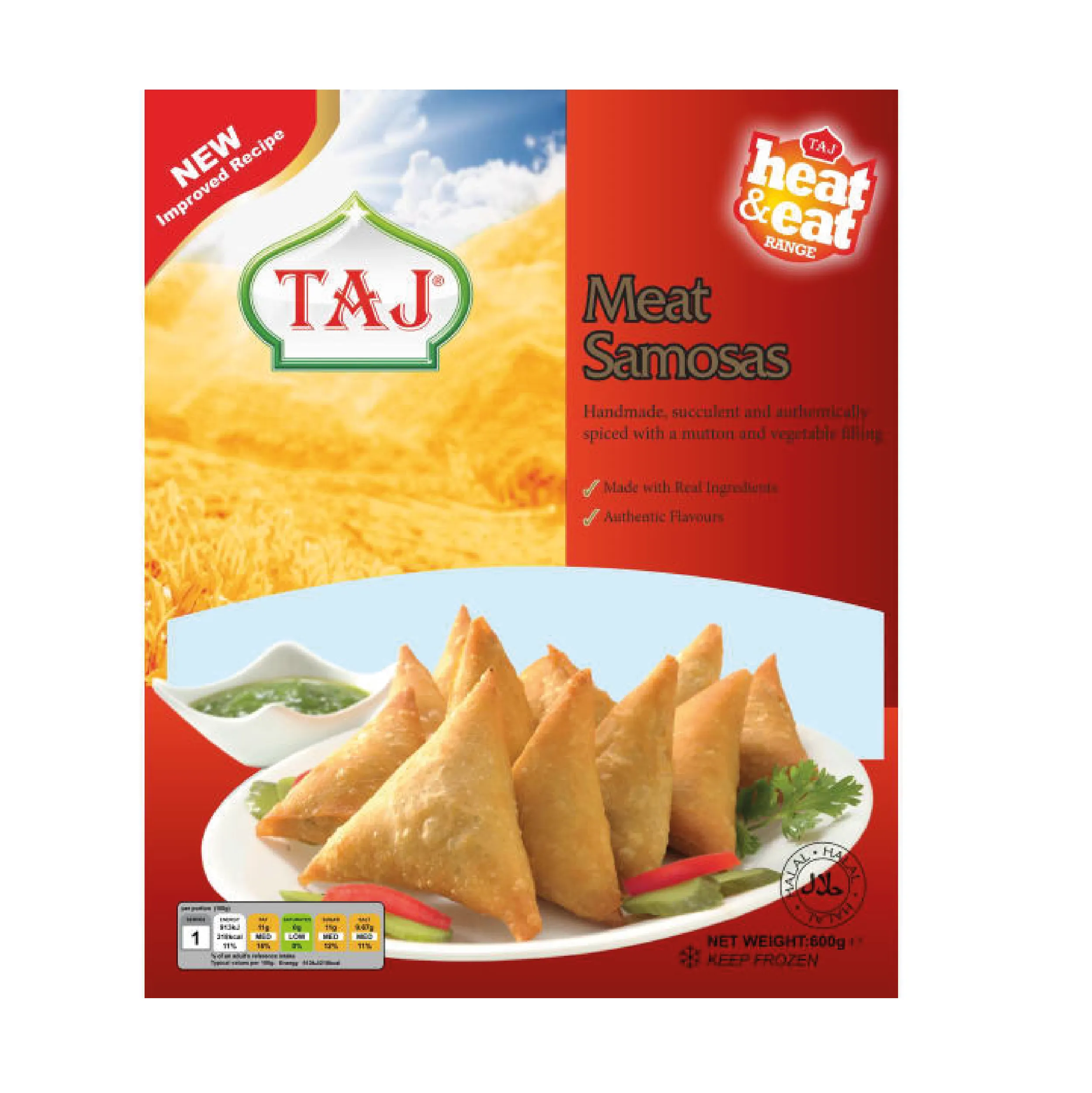 Pkt-80 Taj Heat & Eat Meat Samosas – 600g | Handmade Mutton & Vegetable Filling - Image 1